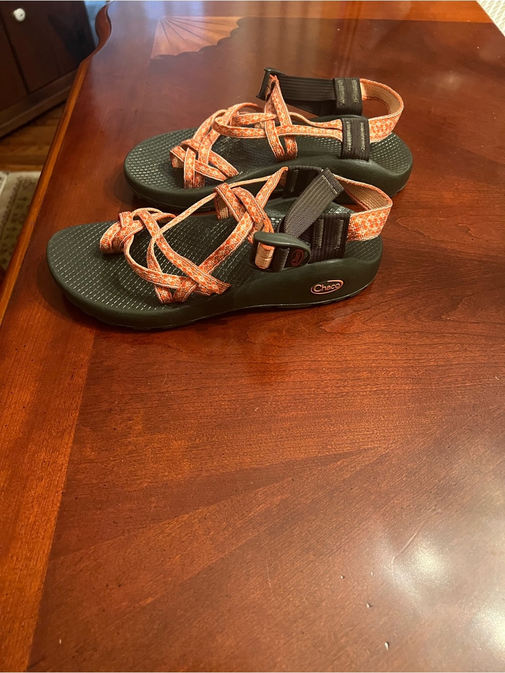 Chaco Women's Orange Patterned Strap Sandals with Black Footbed